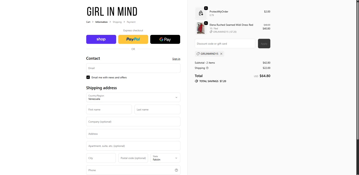 Girl In Mind promo code screenshot showing code GIRLINMIND15 applied at Girl In Mind checkout page. Uploaded by SimplyCodes community member RebatePioneer1295 on Nov 27, 2025