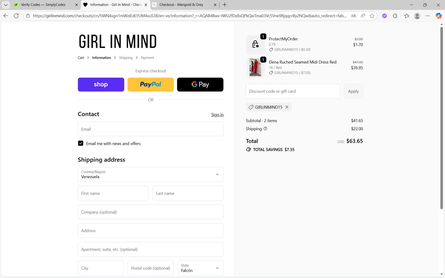 Girl In Mind promo code screenshot showing code GIRLINMIND15 applied at Girl In Mind checkout page. Uploaded by SimplyCodes community member Yuyu12 on Nov 6, 2025