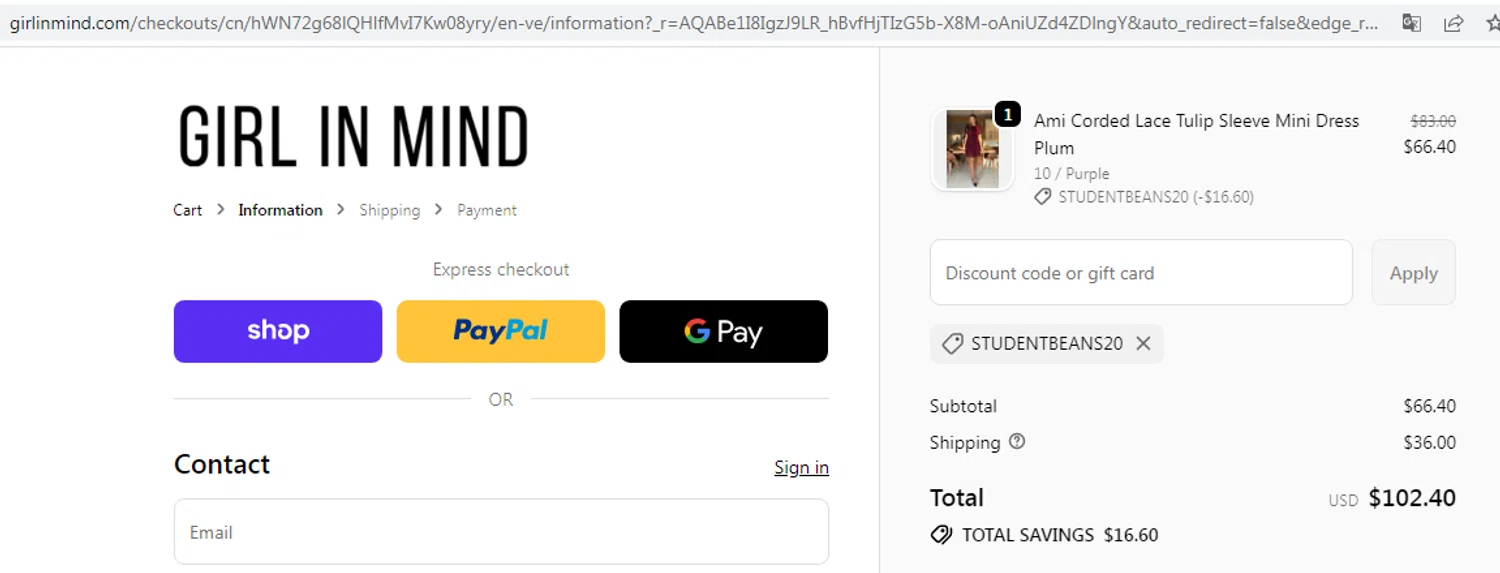 Girl In Mind promo code screenshot showing code Studentbeans20 applied at Girl In Mind checkout page. Uploaded by SimplyCodes community member EMILIANOMASABE on Dec 30, 2025