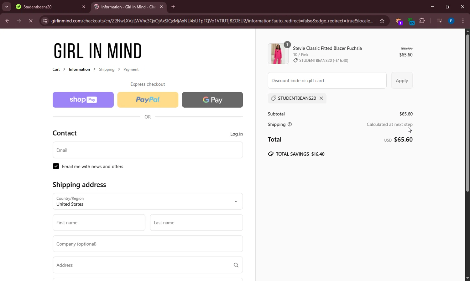 Girl In Mind promo code screenshot showing code Studentbeans20 applied at Girl In Mind checkout page. Uploaded by SimplyCodes community member PennyOwl696 on Apr 29, 2025