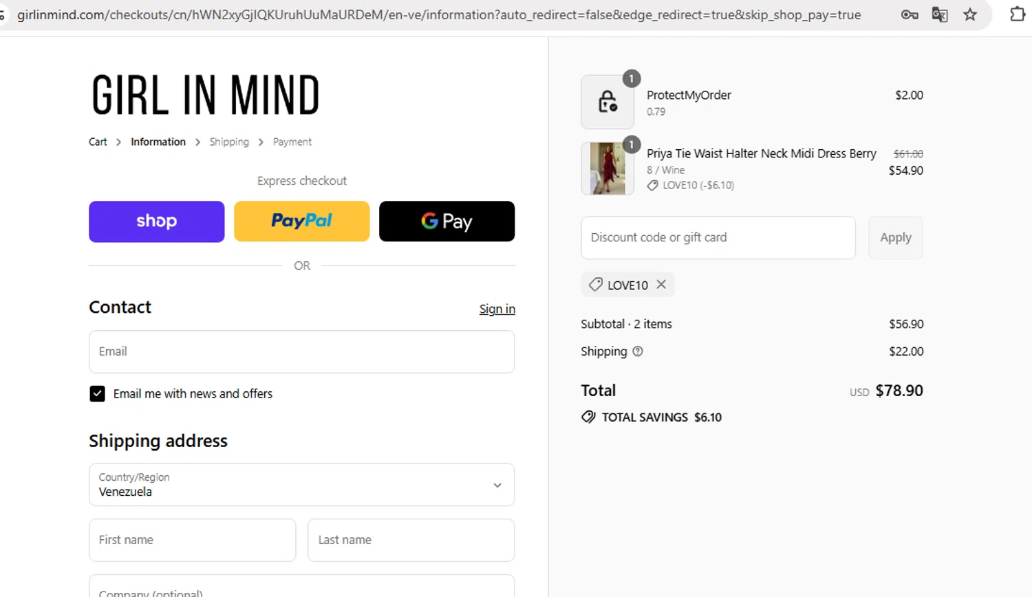 Girl In Mind promo code screenshot showing code LOVE10 applied at Girl In Mind checkout page. Uploaded by SimplyCodes community member Bel0610 on Sep 14, 2025
