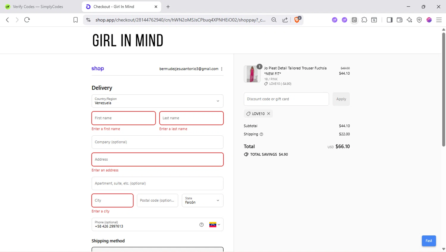 Girl In Mind promo code screenshot showing code LOVE10 applied at Girl In Mind checkout page. Uploaded by SimplyCodes community member SapeGato on Sep 10, 2025