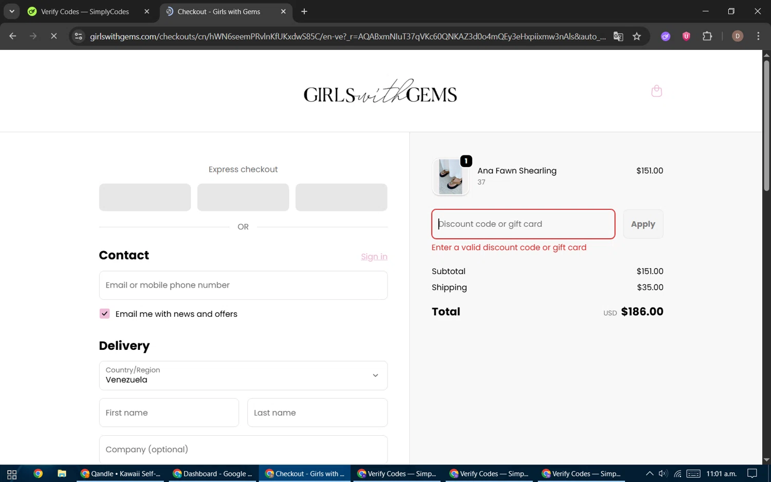 Girls With Gems promo code screenshot showing code SELLBABY applied at Girls With Gems checkout page. Uploaded by SimplyCodes community member BrilliantWizard8884 on Dec 26, 2025
