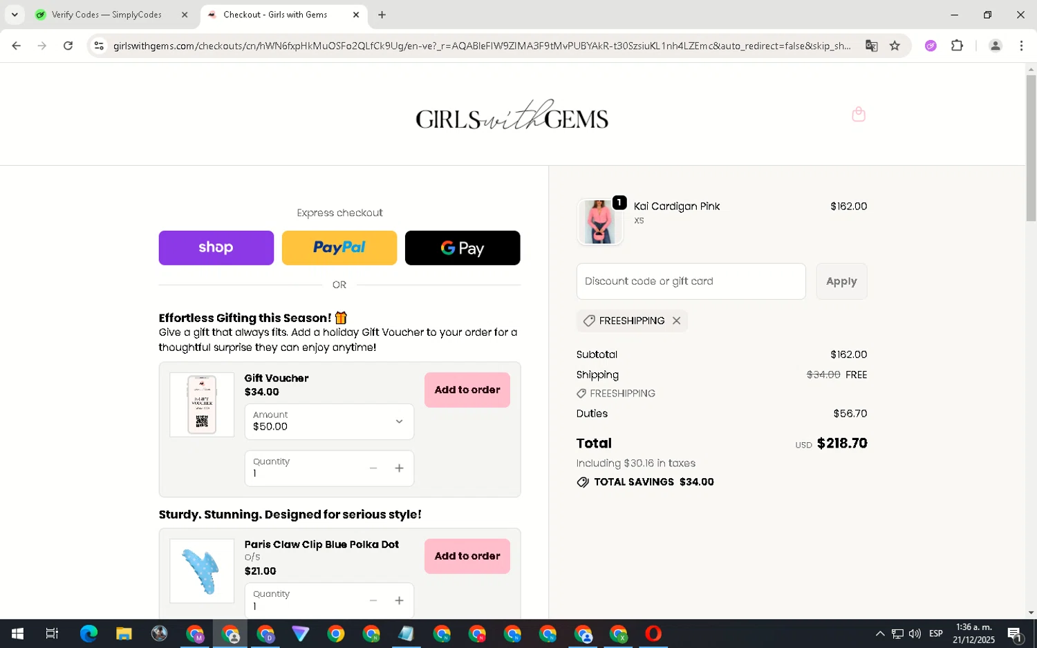 Girls With Gems promo code screenshot showing code FREESHIPPING applied at Girls With Gems checkout page. Uploaded by SimplyCodes community member ScanNavigator5190 on Dec 21, 2025