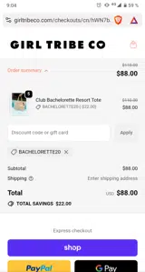 BACHELORETTE20 coupon verification screenshot