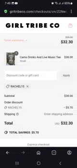 Rachel15 coupon verification screenshot