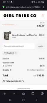 Olivia15 coupon verification screenshot