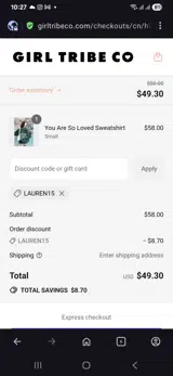 Lauren15 coupon verification screenshot