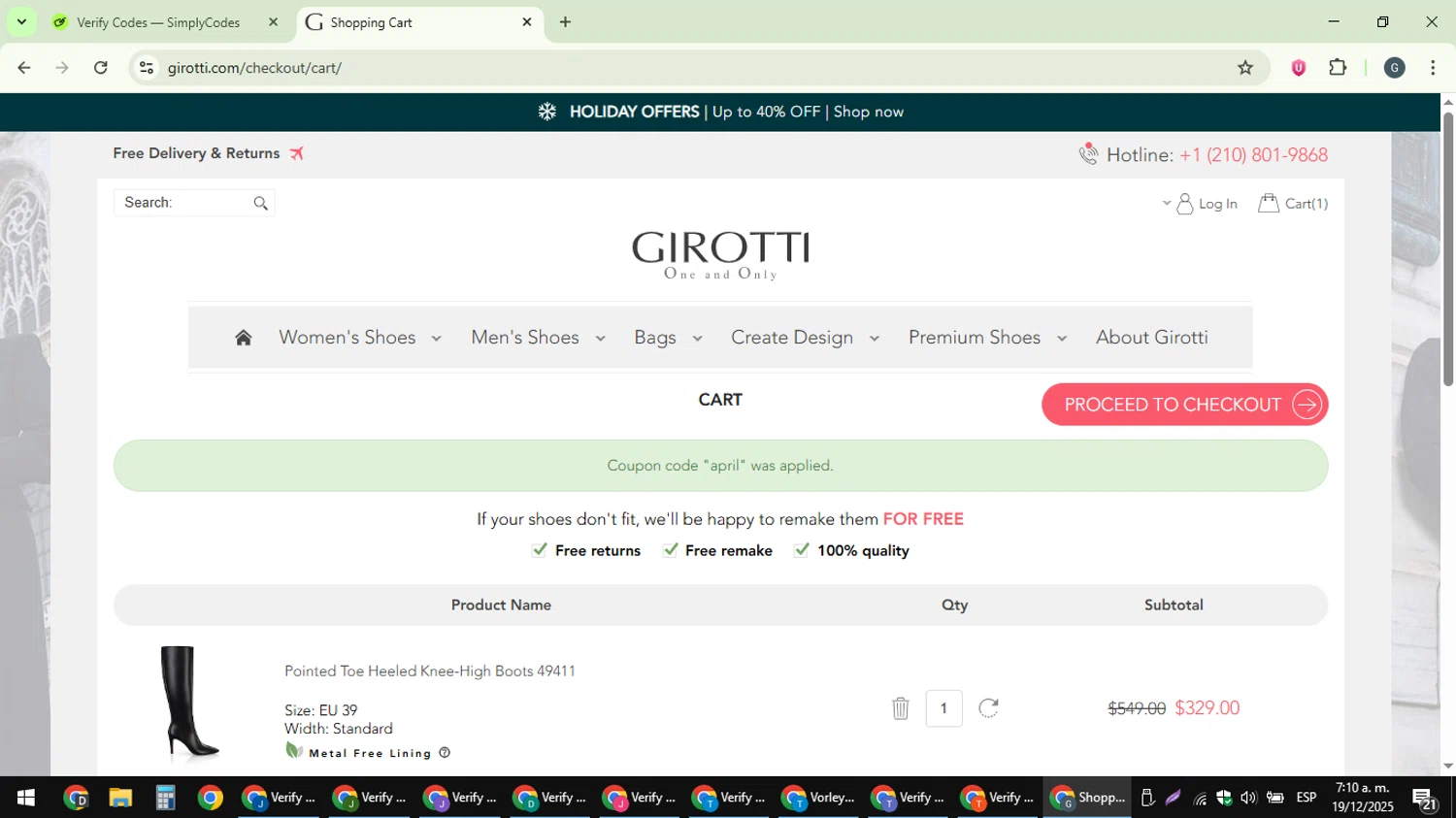 Girotti checkout page showing Girotti coupon code box | Screenshot taken by SimplyCodes community member on Dec 19, 2025