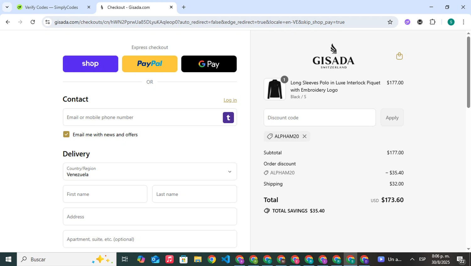 Gisada discount code screenshot showing code ALPHAM20 applied at Gisada checkout page. Uploaded by SimplyCodes community member VictoriousPilot5281 on Aug 31, 2025