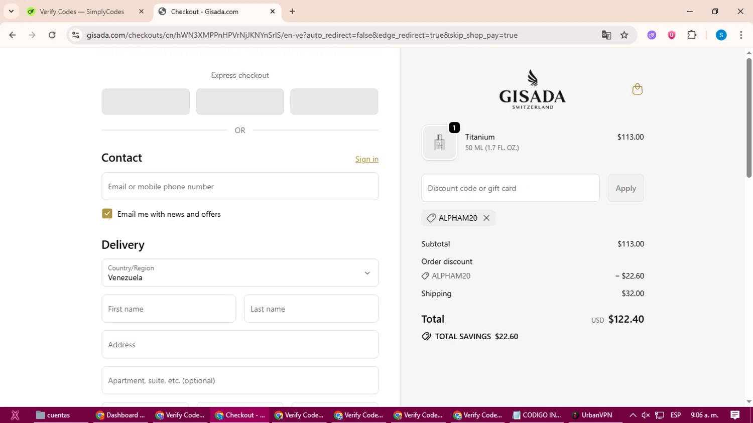 Gisada discount code screenshot showing code ALPHAM20 applied at Gisada checkout page. Uploaded by SimplyCodes community member uleesesv on Sep 29, 2025
