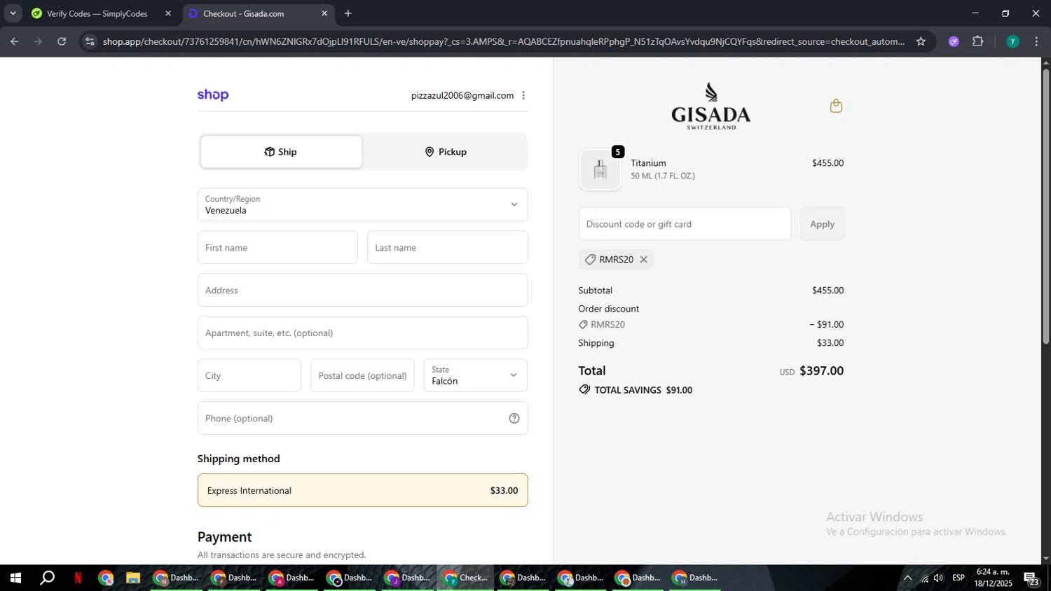 Gisada discount code screenshot showing code RMRS20 applied at Gisada checkout page. Uploaded by SimplyCodes community member FrugalCaptain6906 on Dec 18, 2025