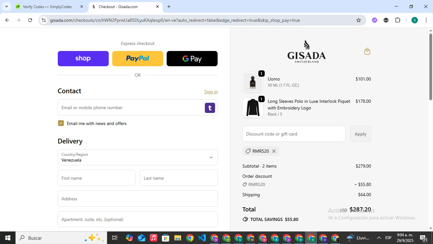 Gisada discount code screenshot showing code RMRS20 applied at Gisada checkout page. Uploaded by SimplyCodes community member VictoriousPilot5281 on Sep 29, 2025