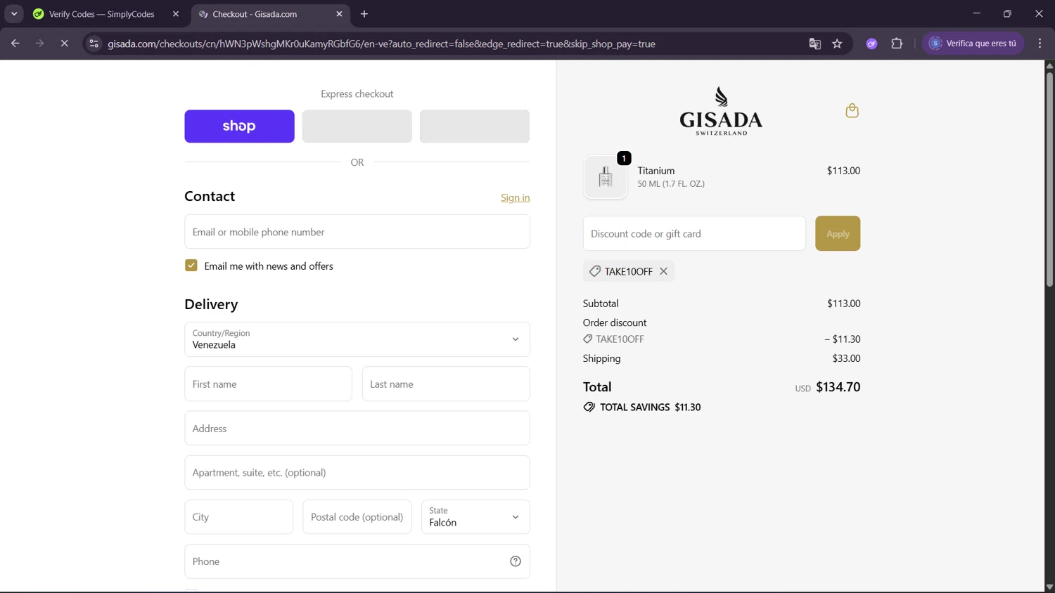 Gisada discount code screenshot showing code TAKE10OFF applied at Gisada checkout page. Uploaded by SimplyCodes community member ExtraordinaryWhiz4519 on Oct 7, 2025