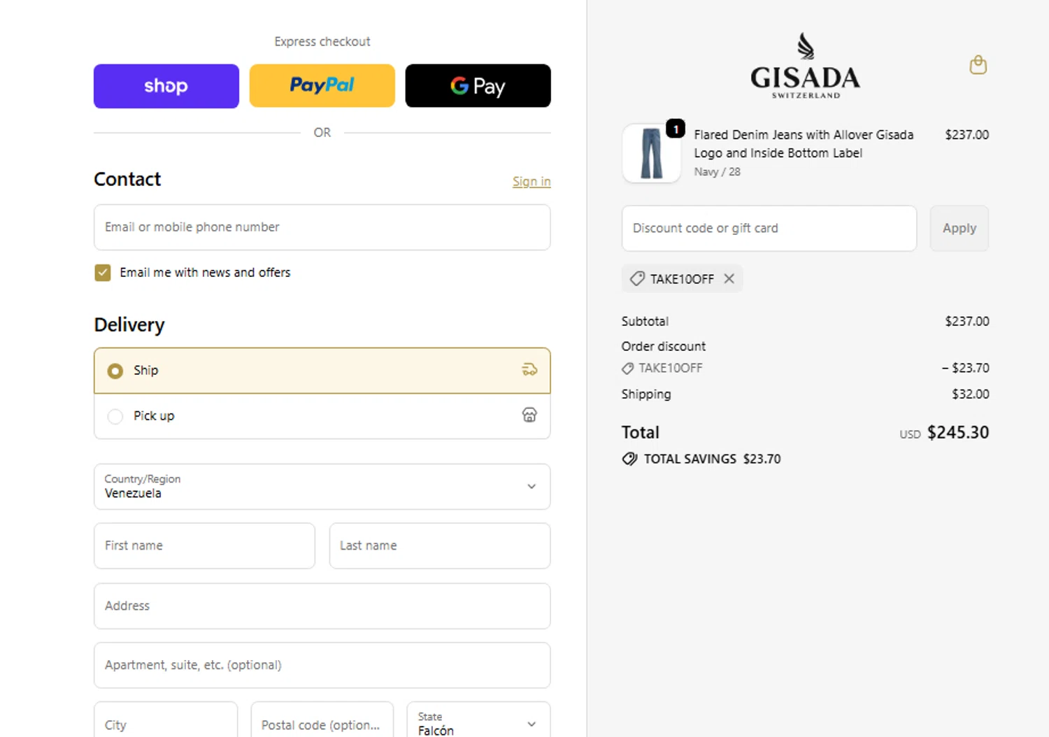 Gisada discount code screenshot showing code TAKE10OFF applied at Gisada checkout page. Uploaded by SimplyCodes community member SavingsWhiz9509 on Oct 11, 2025