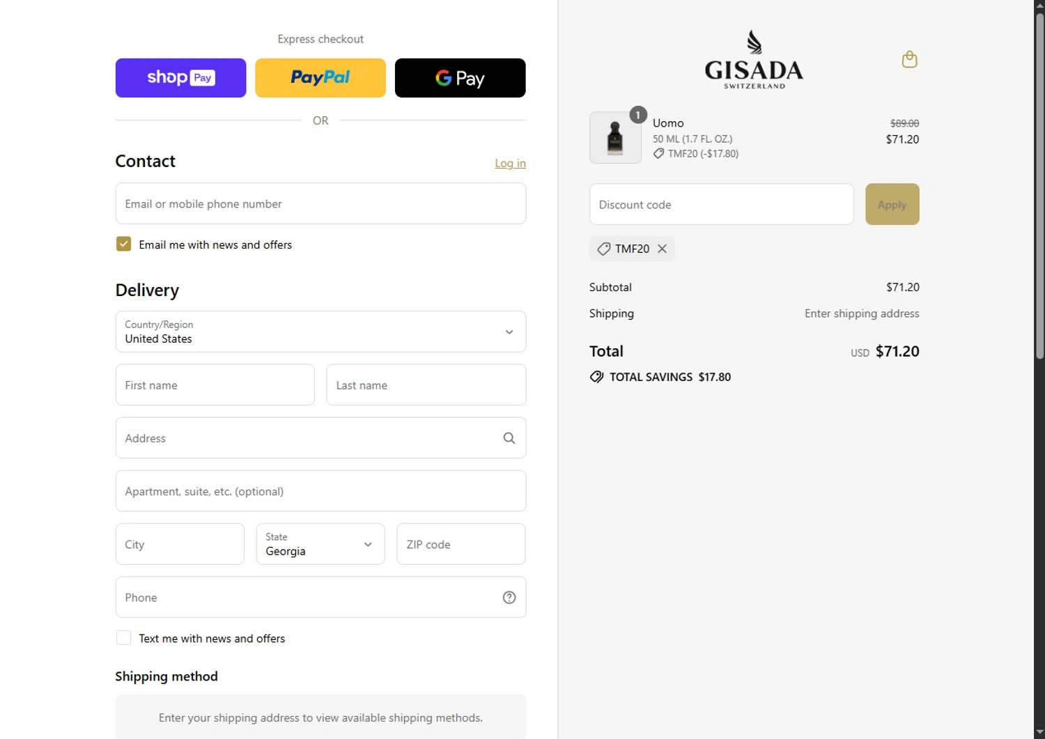 Gisada discount code screenshot showing code TMF20 applied at Gisada checkout page. Uploaded by SimplyCodes community member GoldPhoenix3793 on Aug 17, 2025