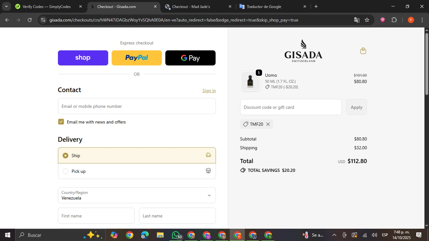Gisada discount code screenshot showing code TMF20 applied at Gisada checkout page. Uploaded by SimplyCodes community member VictoriousCaptain2658 on Oct 14, 2025