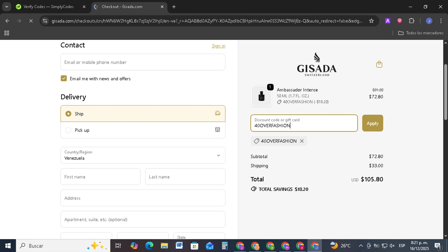 Gisada discount code screenshot showing code 40OVERFASHION applied at Gisada checkout page. Uploaded by SimplyCodes community member EpicSage3474 on Dec 17, 2025