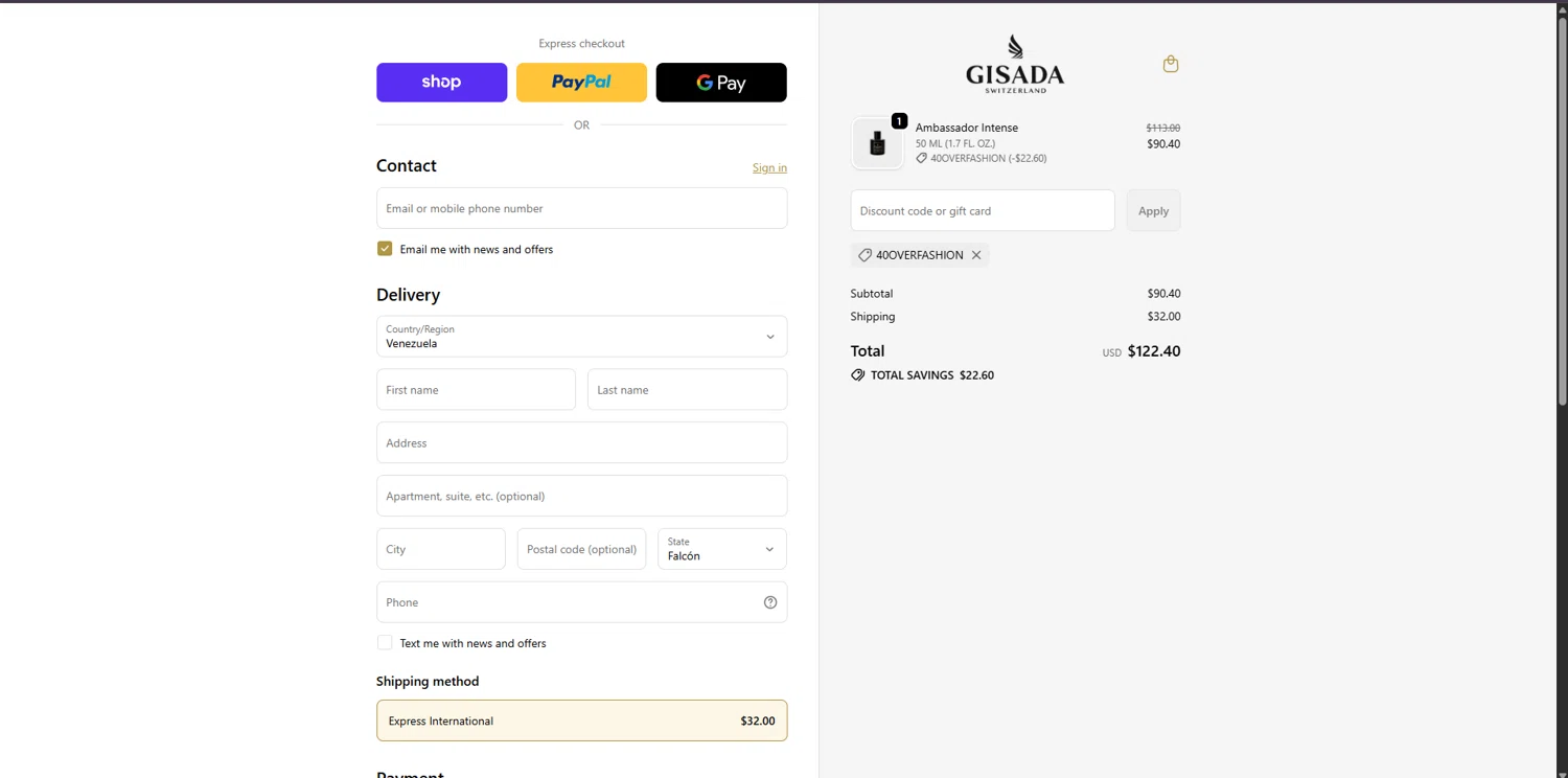 Gisada discount code screenshot showing code 40OVERFASHION applied at Gisada checkout page. Uploaded by SimplyCodes community member TreasureChaser3010 on Oct 3, 2025