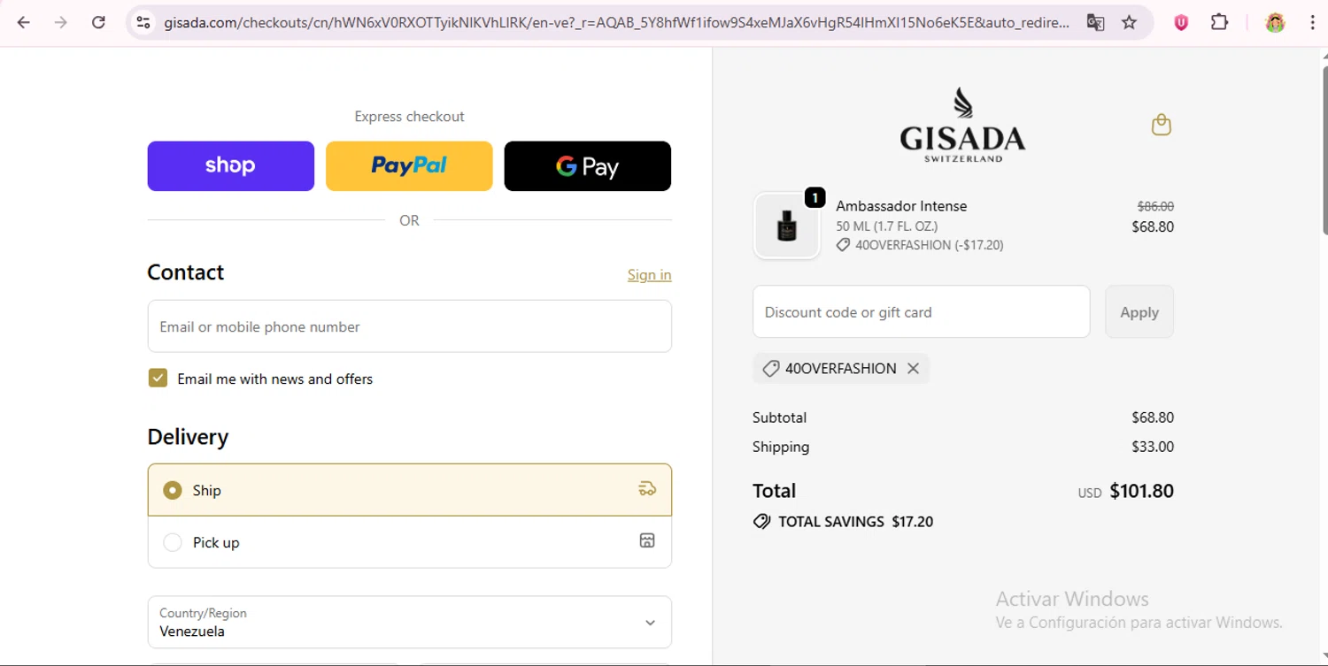 Gisada discount code screenshot showing code 40OVERFASHION applied at Gisada checkout page. Uploaded by SimplyCodes community member laurachirinos on Dec 28, 2025