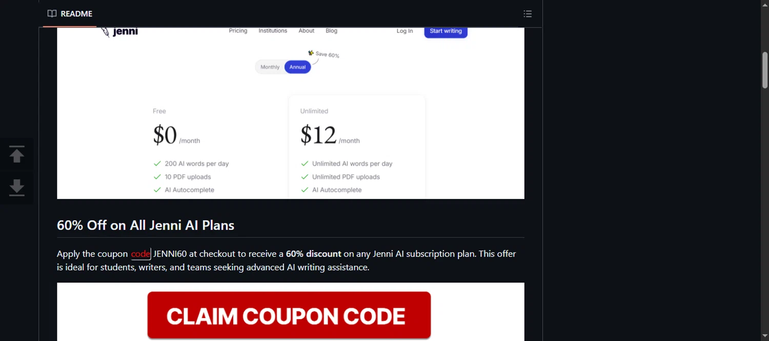 GitHub coupon code screenshot showing code JENNI60 applied at GitHub checkout page. Uploaded by SimplyCodes community member 111111 on Apr 26, 2025