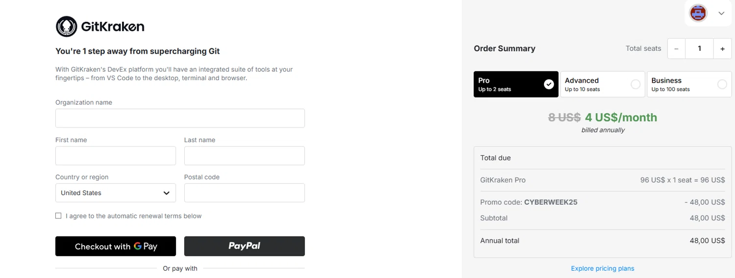 GitKraken promo code screenshot showing code CYBERWEEK25 applied at GitKraken checkout page. Uploaded by SimplyCodes community member jesspea on Nov 30, 2025