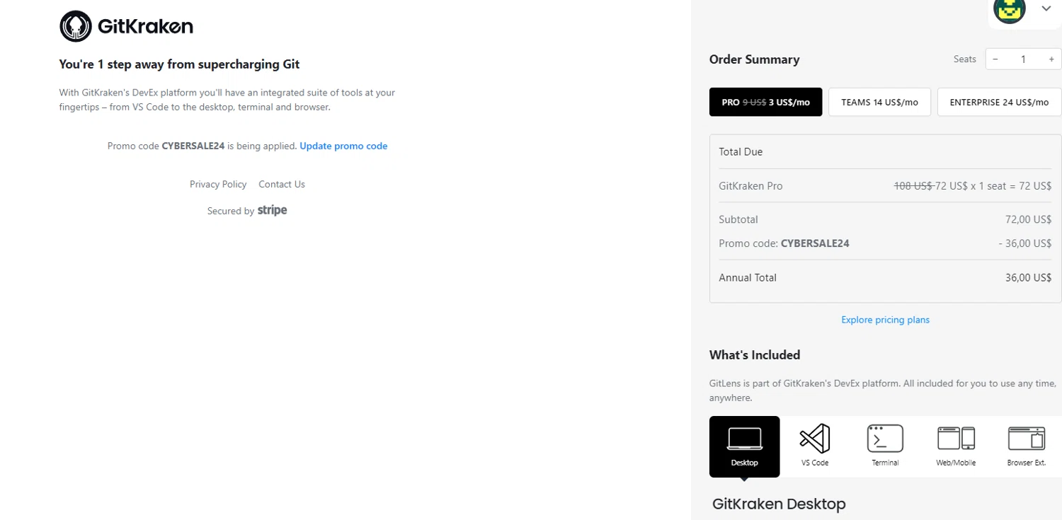GitKraken promo code screenshot showing code CYBERSALE24 applied at GitKraken checkout page. Uploaded by SimplyCodes community member jesspea on Dec 1, 2024