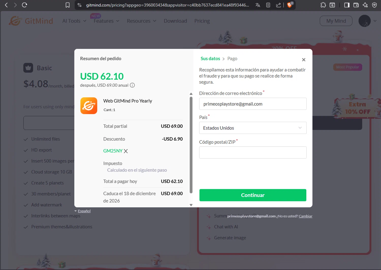 GitMind promo code screenshot showing code GM25NY applied at GitMind checkout page. Uploaded by SimplyCodes community member 1763PrettyViewLane on Dec 19, 2025