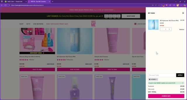 Give Me Cosmetics checkout page showing Give Me Cosmetics discount code box | Screenshot taken by SimplyCodes community member on Sep 23, 2025