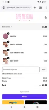 Give Me Glow Cosmetics coupon verification screenshot