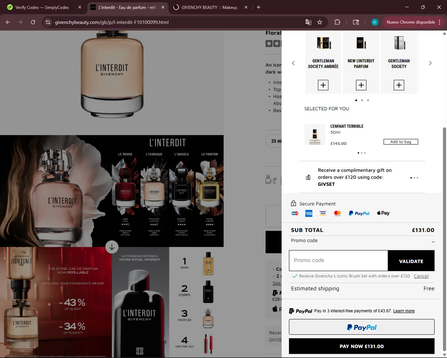 Givenchy Beauty promo code screenshot showing code GIVSET applied at Givenchy Beauty checkout page. Uploaded by SimplyCodes community member VoucherSleuth3236 on Dec 17, 2025