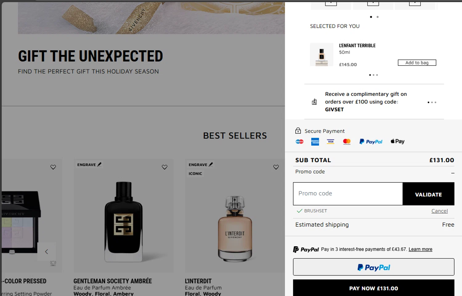 Givenchy Beauty promo code screenshot showing code GIVSET applied at Givenchy Beauty checkout page. Uploaded by SimplyCodes community member lmarin10 on Nov 26, 2025