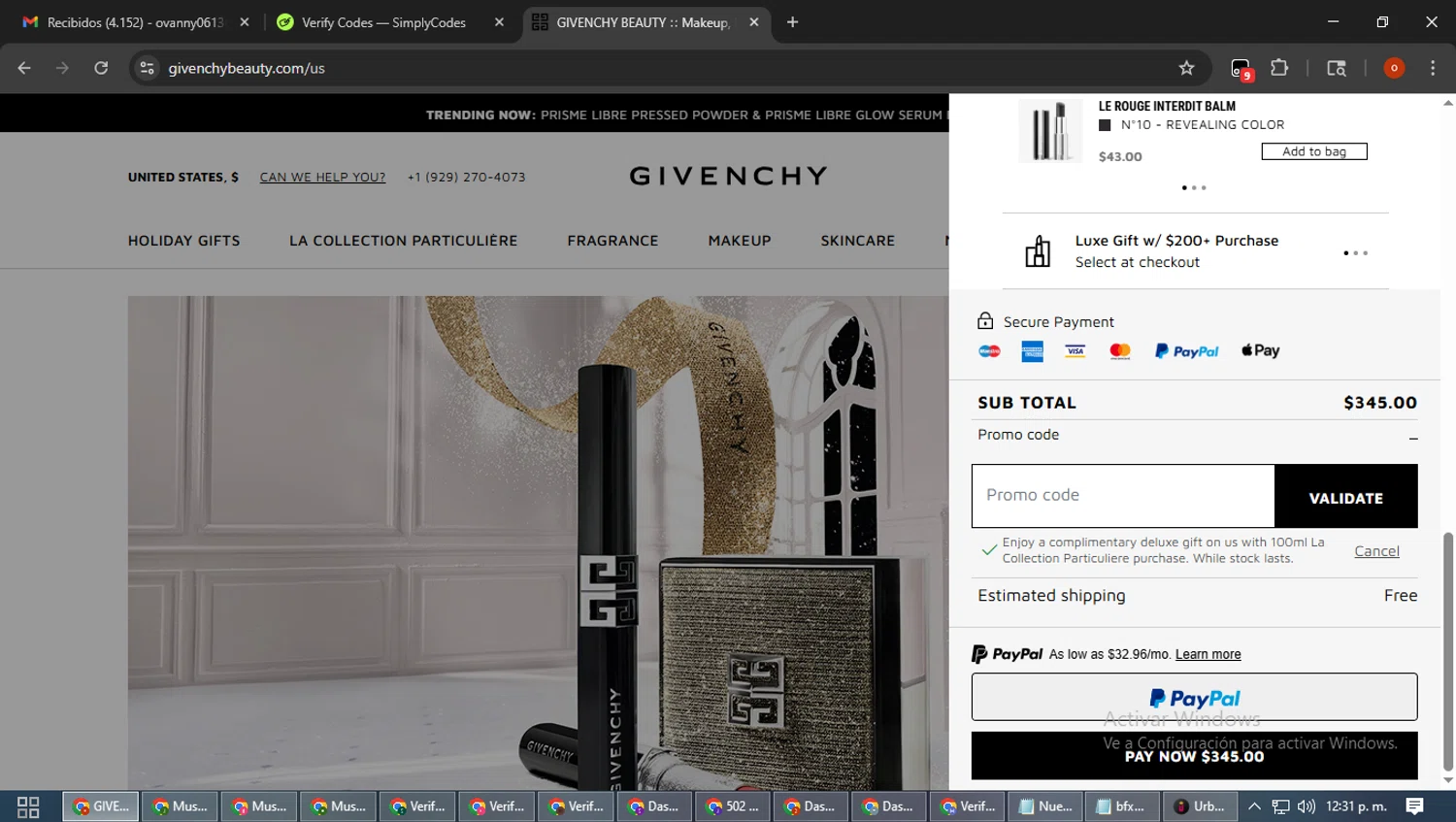 Givenchy Beauty promo code screenshot showing code LCPGIFT25 applied at Givenchy Beauty checkout page. Uploaded by SimplyCodes community member WiseTracker2171 on Oct 31, 2025
