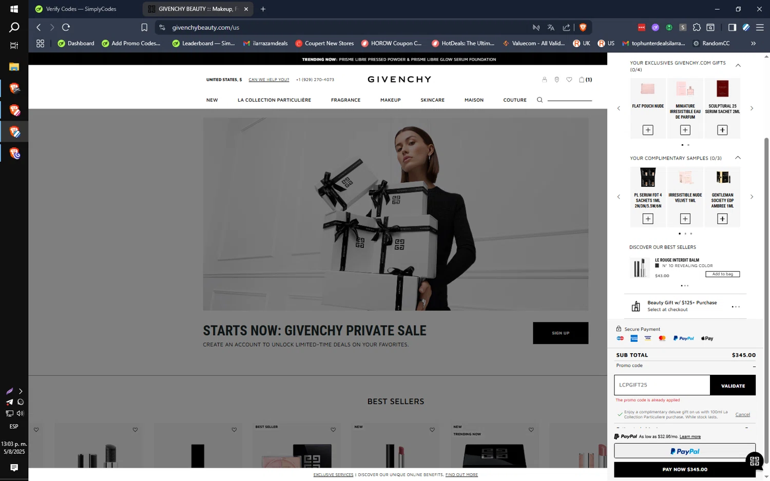 Givenchy Beauty promo code screenshot showing code LCPGIFT25 applied at Givenchy Beauty checkout page. Uploaded by SimplyCodes community member ilarrazaM2 on Aug 5, 2025