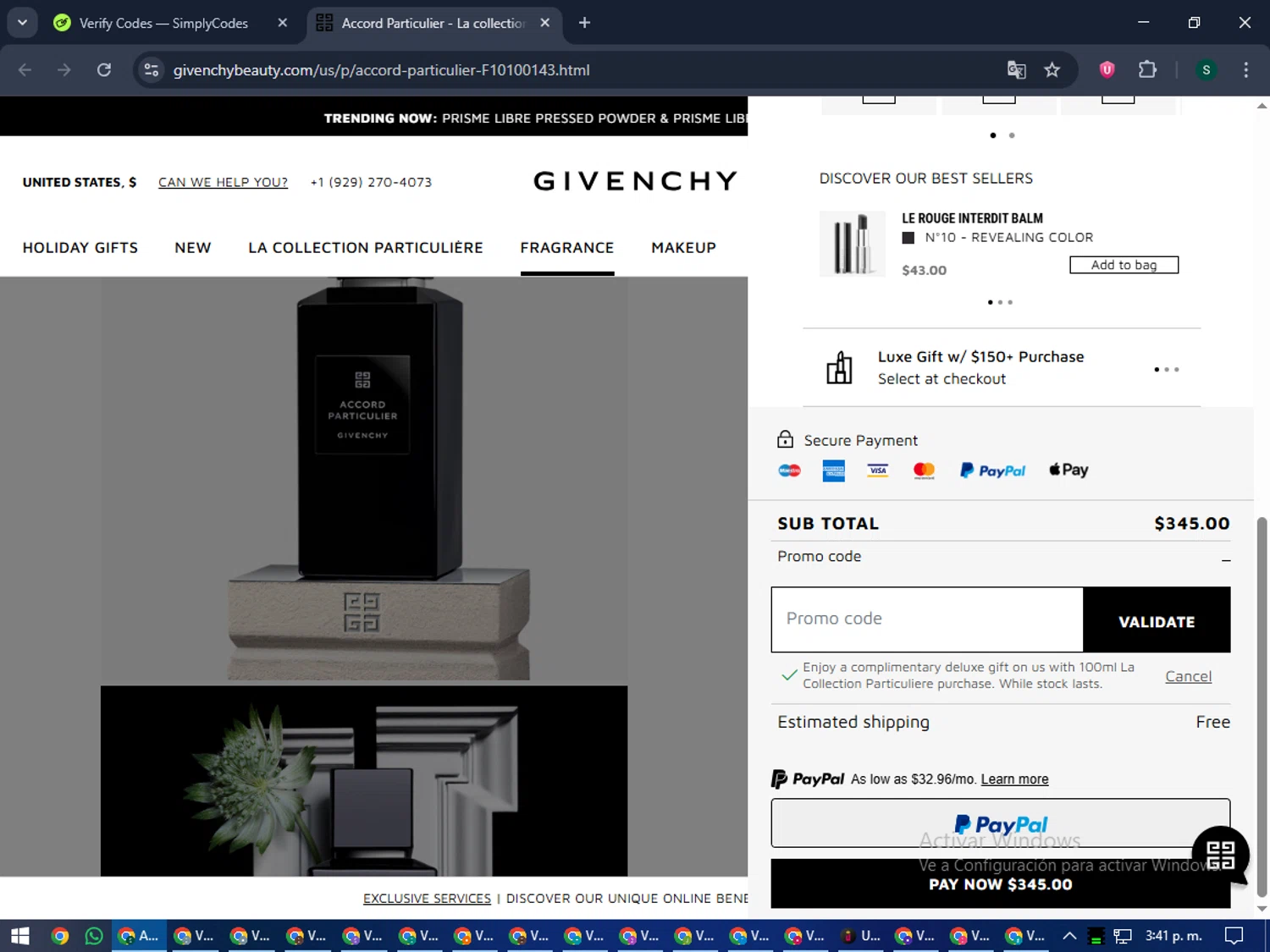 Givenchy Beauty promo code screenshot showing code LCPGIFT25 applied at Givenchy Beauty checkout page. Uploaded by SimplyCodes community member lilMosey on Oct 2, 2025