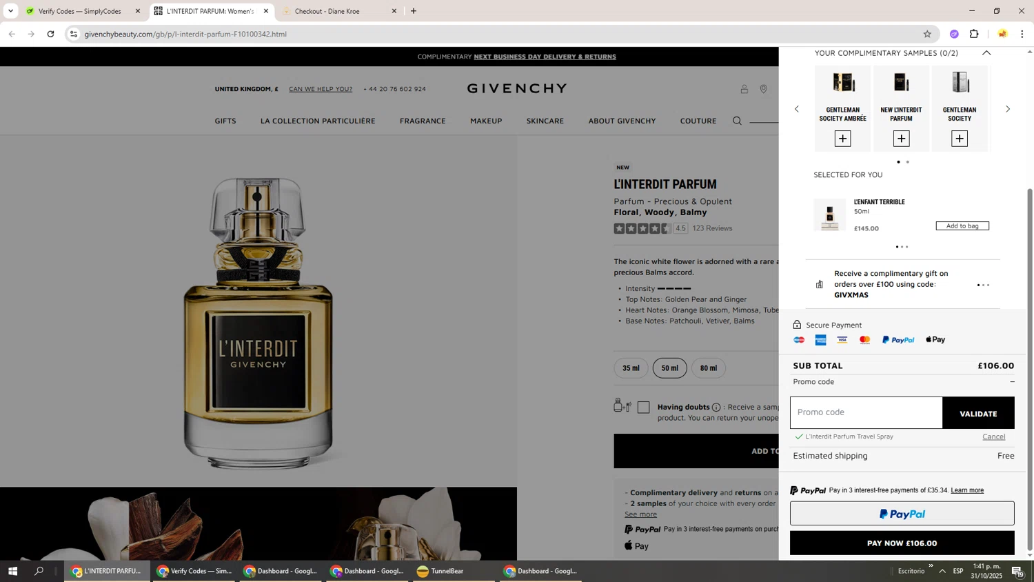 Givenchy Beauty checkout page showing Givenchy Beauty promo code box | Screenshot taken by SimplyCodes community member on Oct 31, 2025