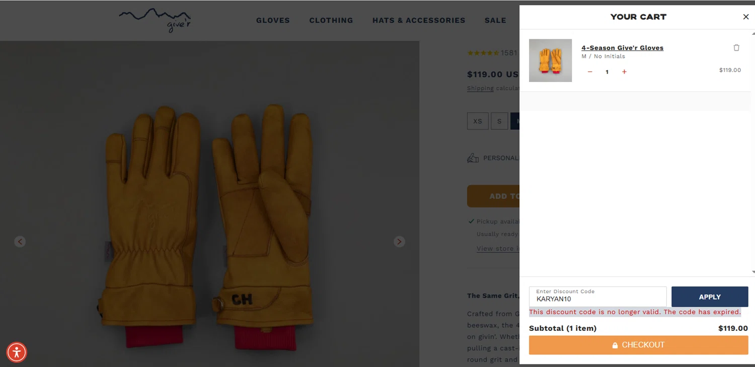 Give'r discount code screenshot showing code KARYAN10 applied at Give'r checkout page. Uploaded by SimplyCodes community member dimitriv on Jul 16, 2025