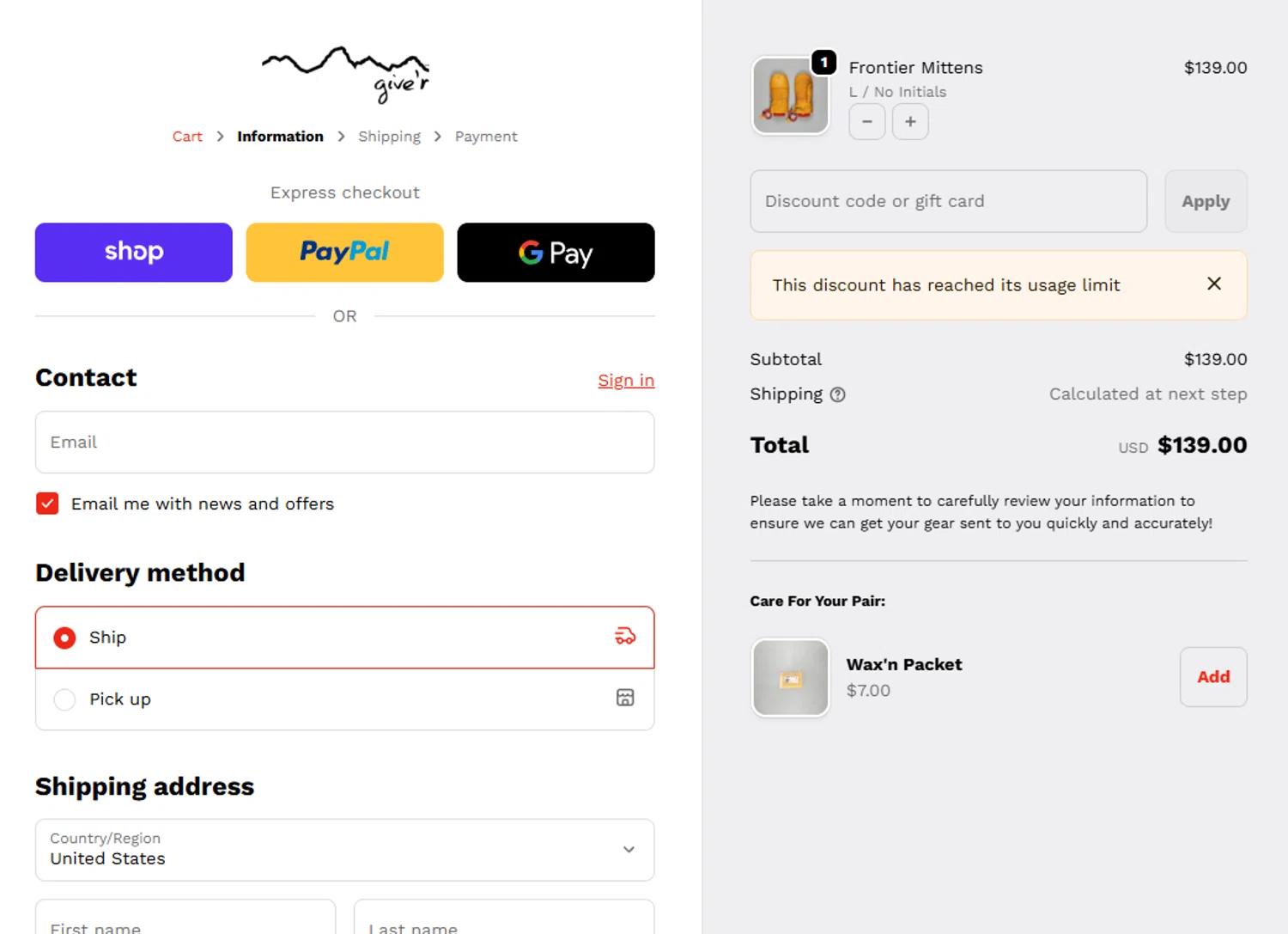 Give'r checkout page showing Give'r discount code box | Screenshot taken by SimplyCodes community member on Feb 1, 2026
