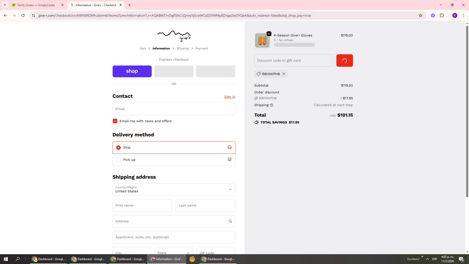 Give'r checkout page showing Give'r discount code box | Screenshot taken by SimplyCodes community member on Feb 11, 2026