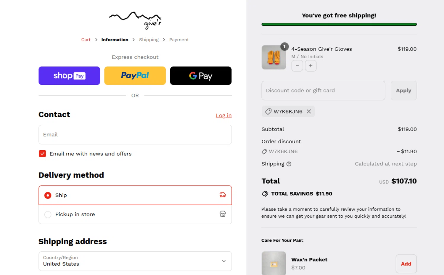 Give'r discount code screenshot showing code W7K6KJN6 applied at Give'r checkout page. Uploaded by SimplyCodes community member reimalave10 on Jul 13, 2025