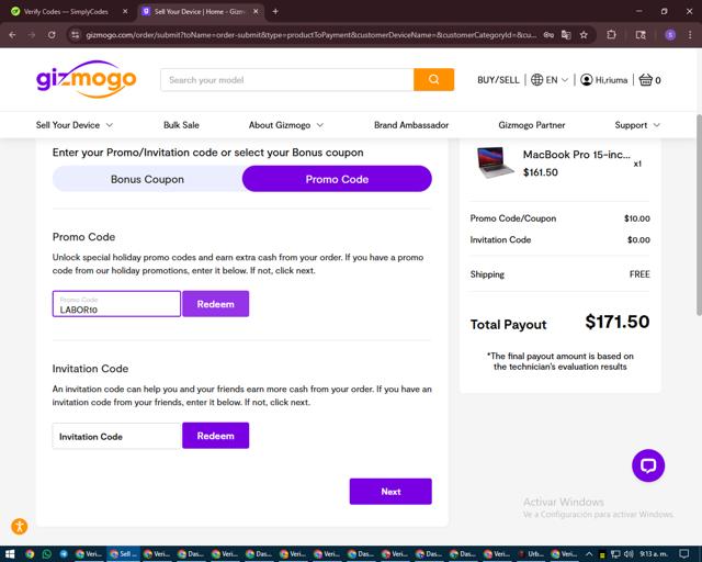 Gizmogo checkout page showing Gizmogo promo code box | Screenshot taken by SimplyCodes community member on Aug 29, 2025
