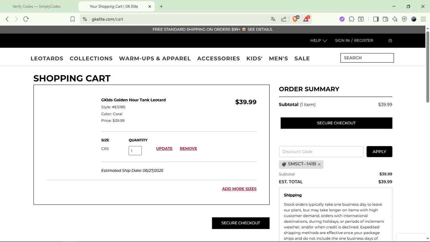 GK Elite discount code screenshot showing code SMSCT--141B applied at GK Elite checkout page. Uploaded by SimplyCodes community member EpicTiger6039 on Aug 23, 2025