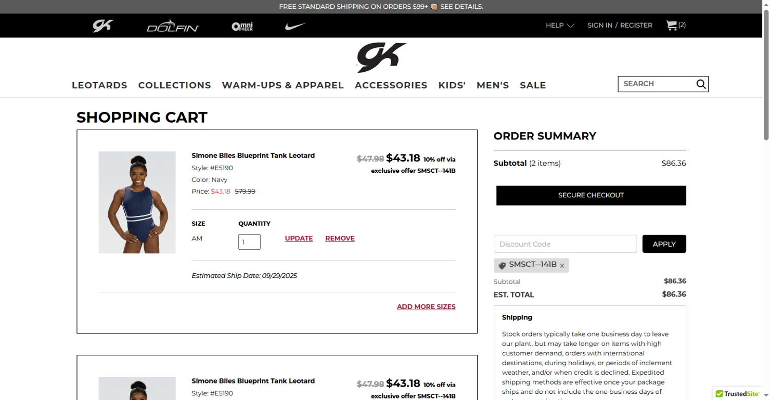 GK Elite discount code screenshot showing code SMSCT--141B applied at GK Elite checkout page. Uploaded by SimplyCodes community member sofia_8 on Sep 25, 2025