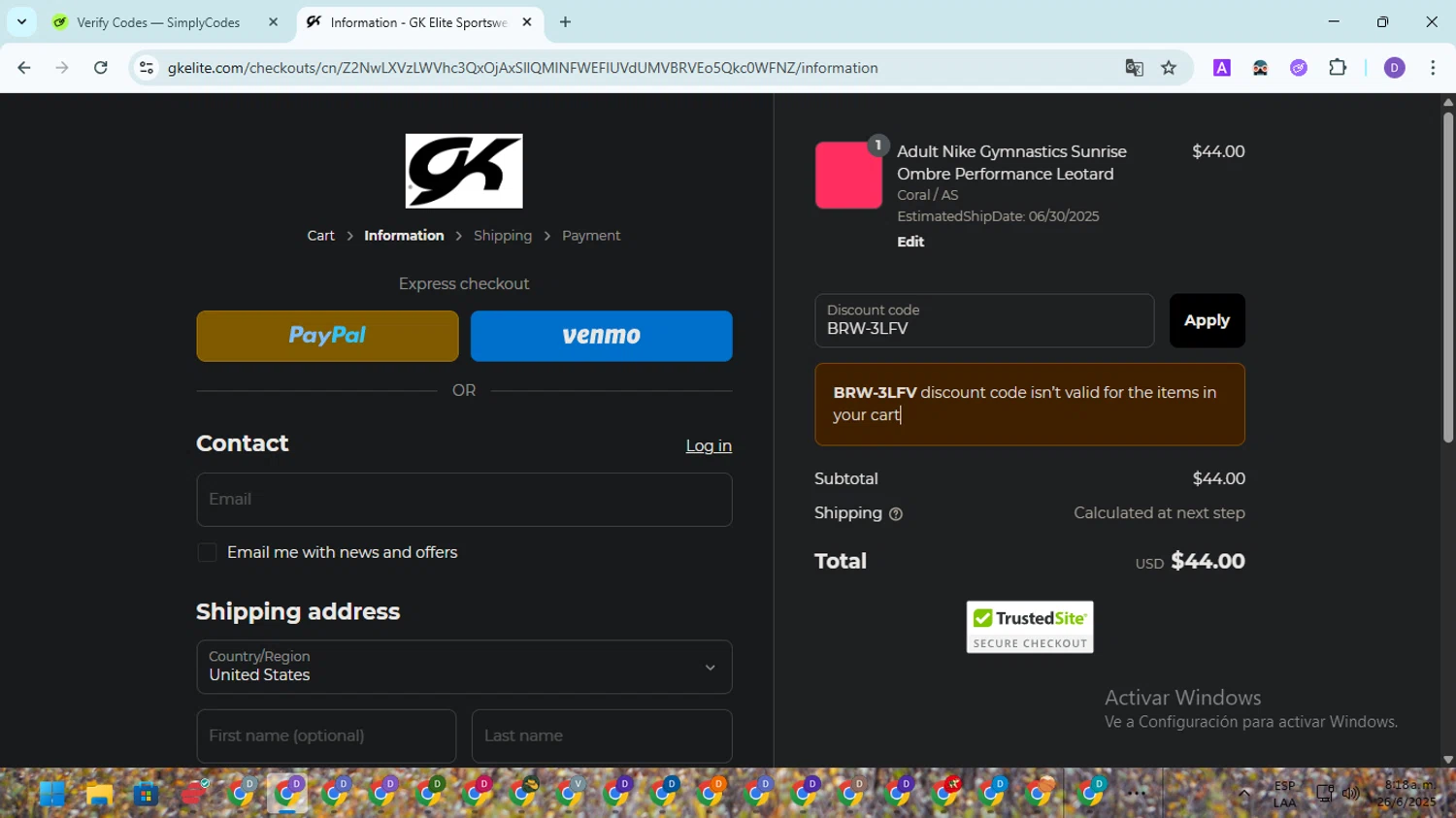 GK Elite discount code screenshot showing code BRW-3LFV applied at GK Elite checkout page. Uploaded by SimplyCodes community member EpicSpotter8045 on Jun 26, 2025
