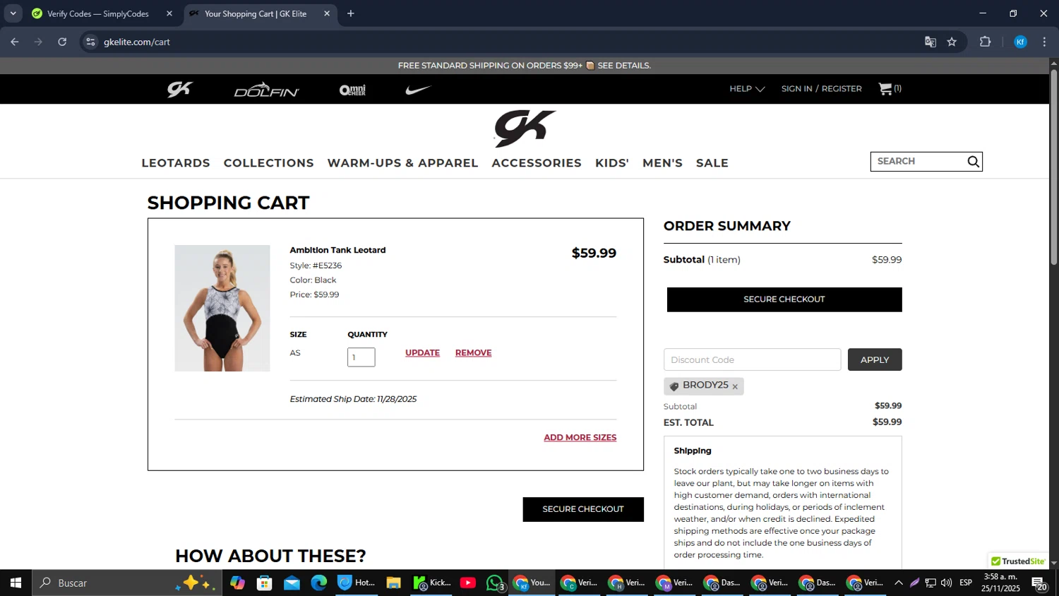 GK Elite discount code screenshot showing code BRODY25 applied at GK Elite checkout page. Uploaded by SimplyCodes community member jorgeyahoo on Nov 25, 2025