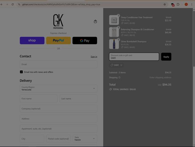 GKhair checkout page showing GKhair coupon code box | Screenshot taken by SimplyCodes community member on Sep 10, 2025