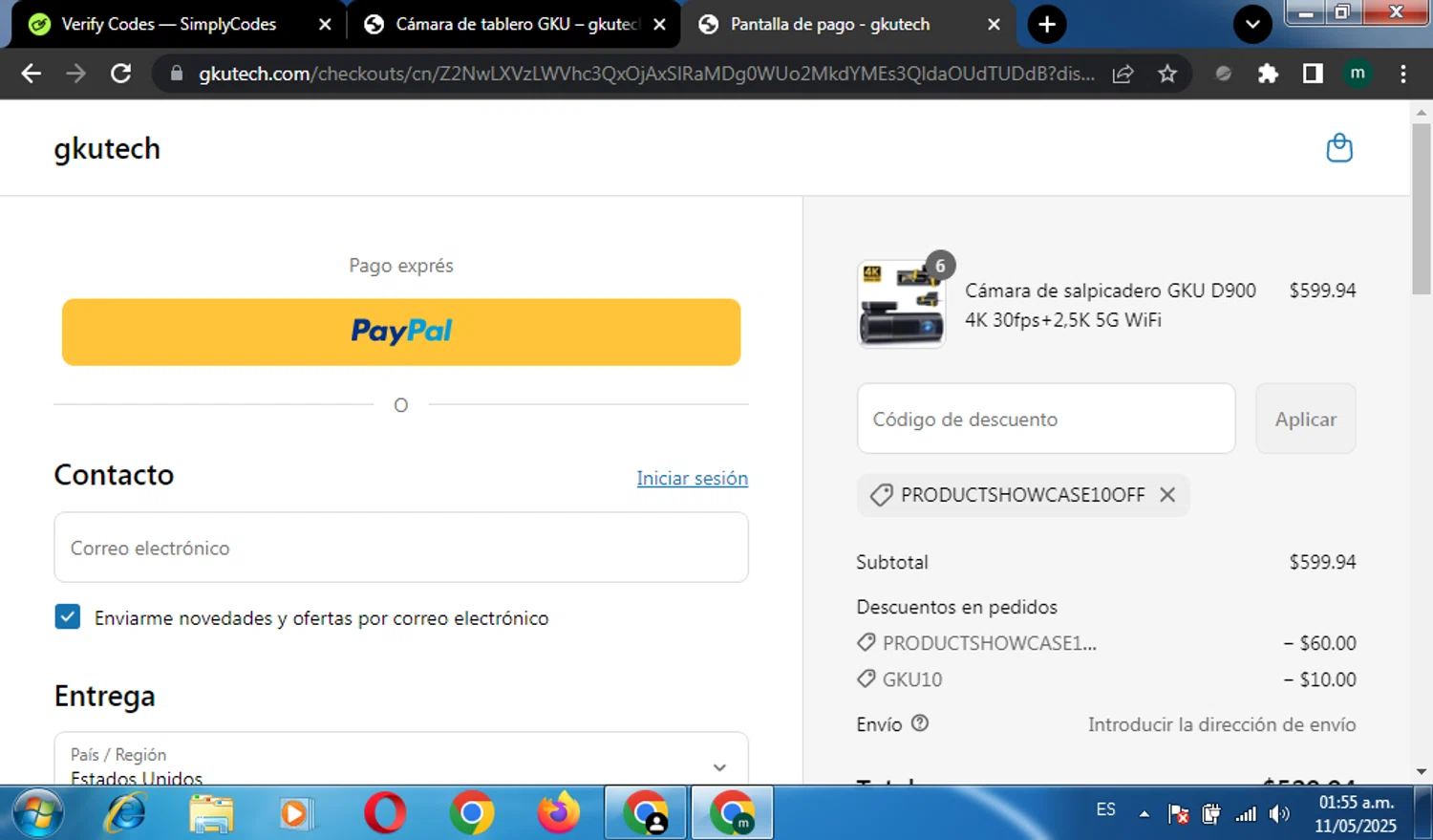 GKU Tech promo code screenshot showing code PRODUCTSHOWCASE10OFF applied at GKU Tech checkout page. Uploaded by SimplyCodes community member miguel01 on May 11, 2025