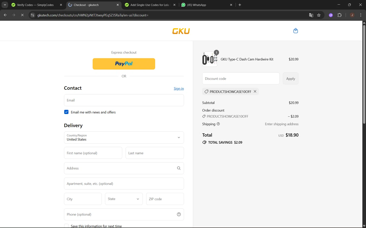 GKU Tech promo code screenshot showing code PRODUCTSHOWCASE10OFF applied at GKU Tech checkout page. Uploaded by SimplyCodes community member juanx1702 on Sep 10, 2025