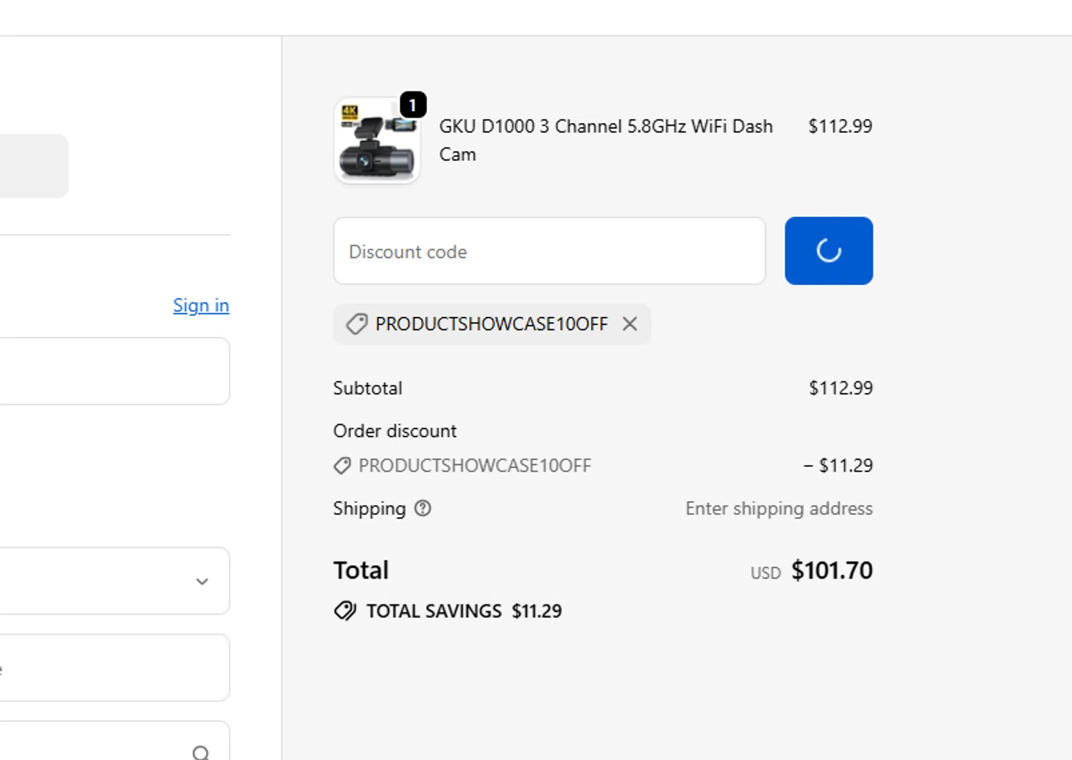 GKU Tech promo code screenshot showing code PRODUCTSHOWCASE10OFF applied at GKU Tech checkout page. Uploaded by SimplyCodes community member usermariee on Sep 19, 2025