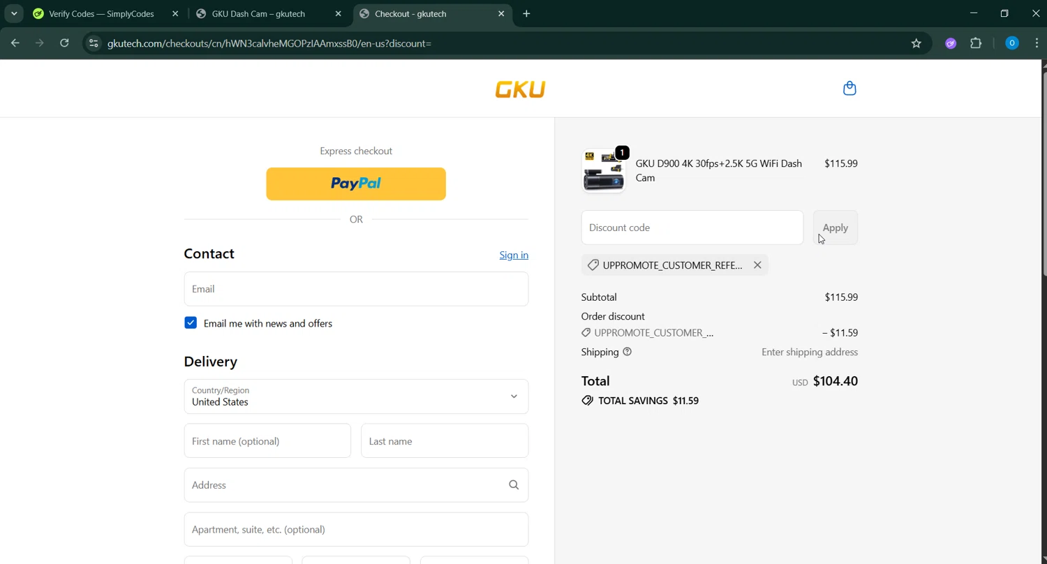 GKU Tech promo code screenshot showing code UPPROMOTE_CUSTOMER_REFERRAL applied at GKU Tech checkout page. Uploaded by SimplyCodes community member _____________ on Oct 1, 2025